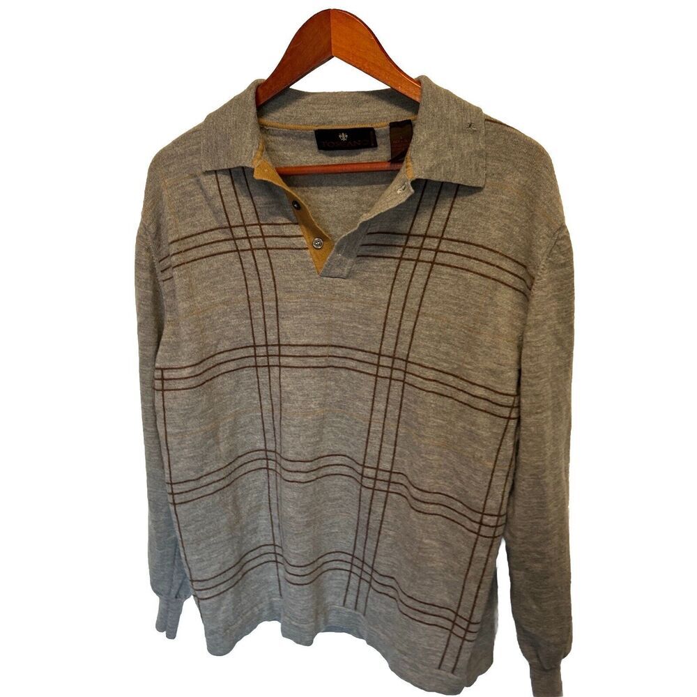 Mens Toscano Button Collar Polo Sweater Large Plaid Gray 100% Wool Made in Italy